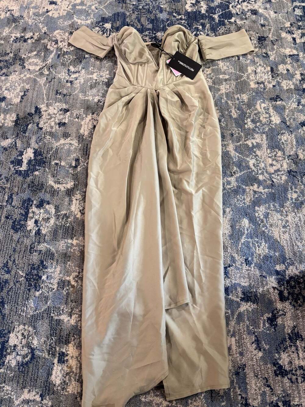 PrettyLittleThing Sage Green Satin Bardot V Bar Draped Corset Midi Dress Size 2